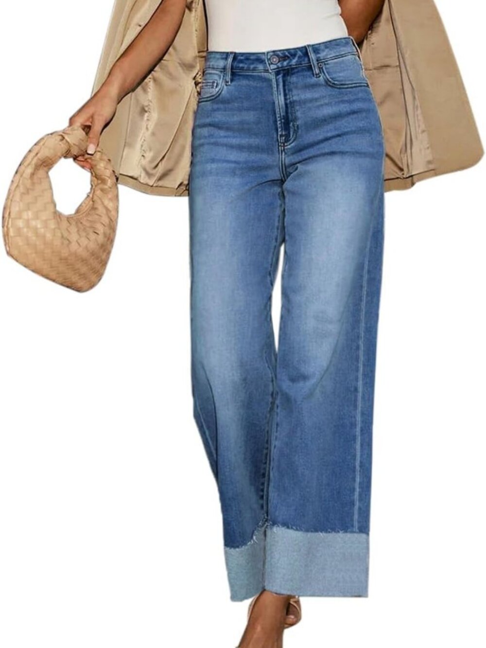 High Waisted Wide Leg Cuffed Jeans for Women - Frayed Raw Hem, Trendy Style